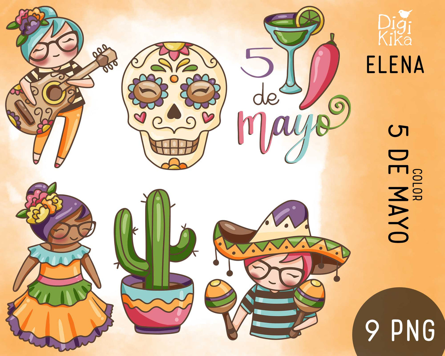 Illustrations of a guitar player, sugar skull, cactus, and people celebrating 5 de Mayo on a beige background.