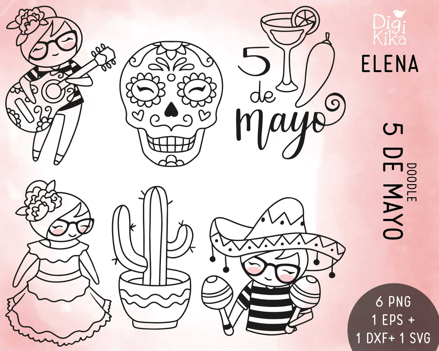 Set of black and white illustrations related to '5 de Mayo' on a pink background with 'Digi Kika' branding.