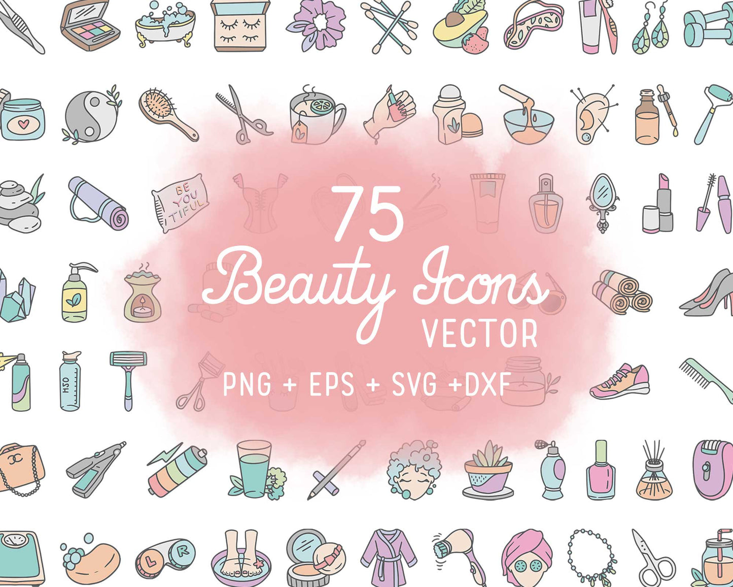 Collection of beauty icons with a pink watercolor circle in the center, surrounded by various beauty products and tools.