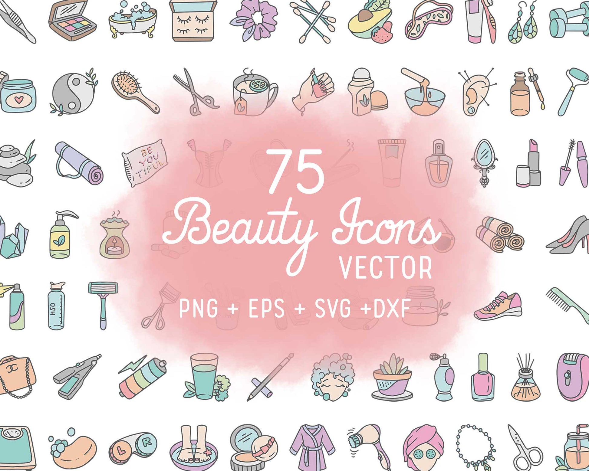 Collection of beauty icons with a pink watercolor circle in the center, surrounded by various beauty products and tools.