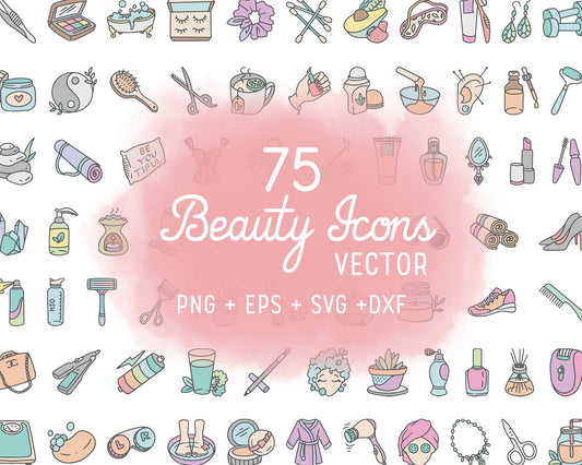 75 Beauty Icons Pastel Clipart | Color Makeup Skincare Graphics | Vector EPS SVG DXF | Commercial Use