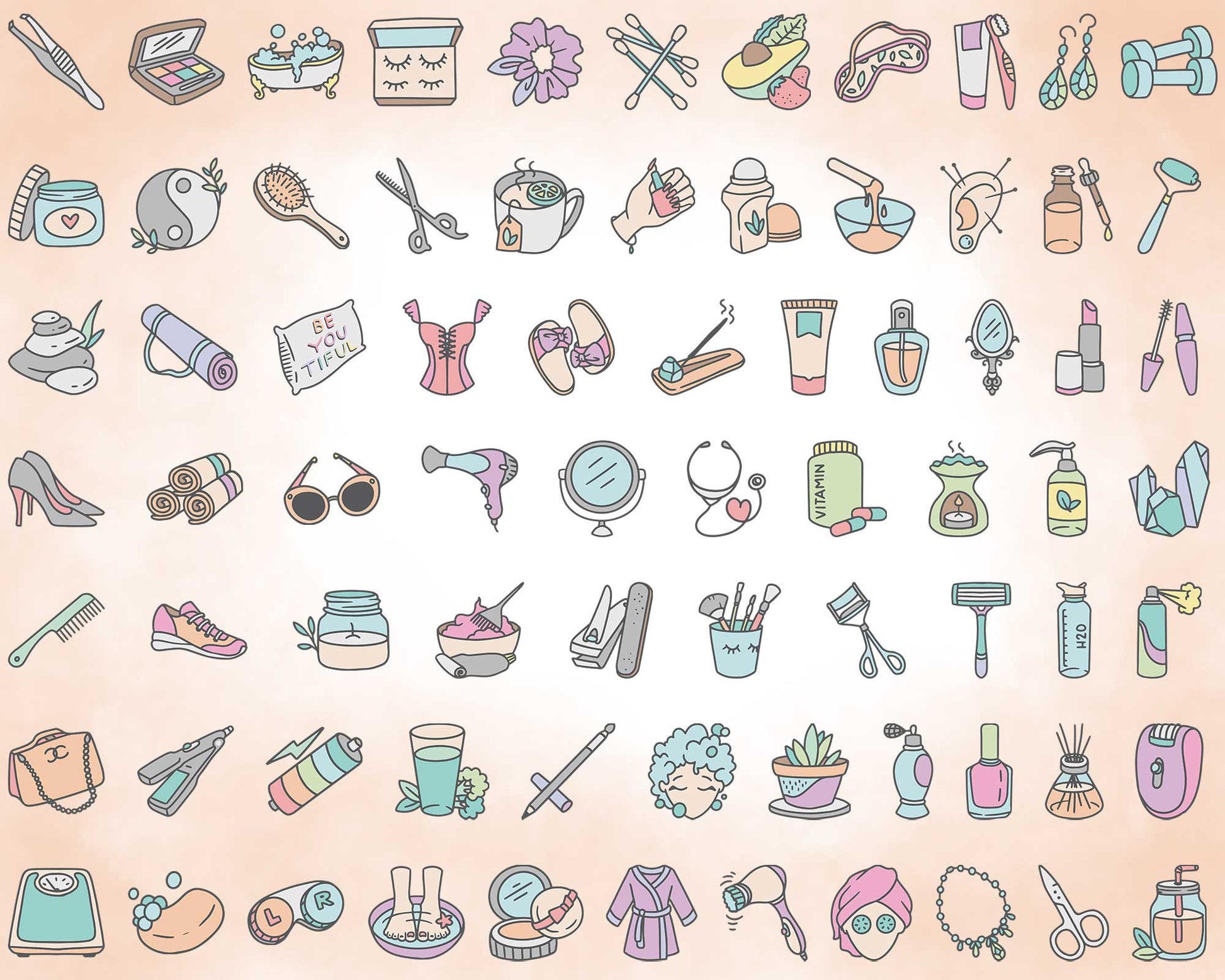 Collection of colorful icons related to beauty and personal care on a gradient background