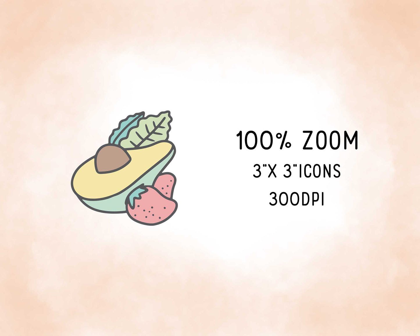 Illustration of an avocado with a seed on a gradient background, labeled '100% Zoom' and '3x3 icons 300dpi'.