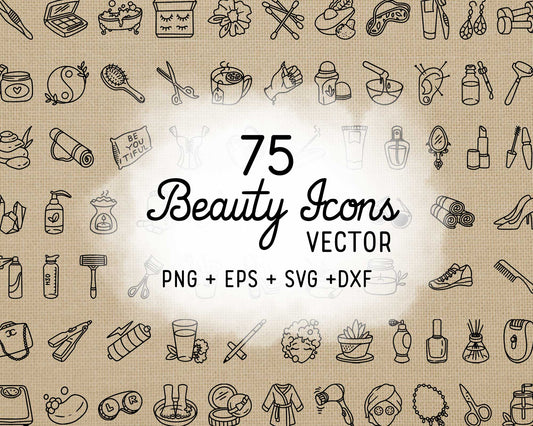 75 Beauty Icons Doodle Clipart | Outline Makeup Skincare Graphics | Vector EPS SVG DXF | Commercial Use