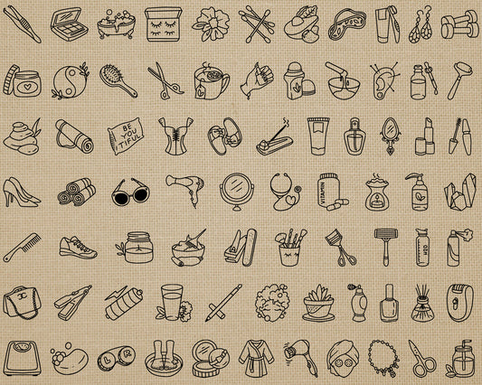 Collection of hand-drawn cosmetic and beauty icons on a textured beige background.