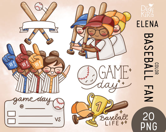 Elena Planner Girl – Baseball Fan COLOR Clipart Set – 2 Skin Tones – Team Spirit & Sports
