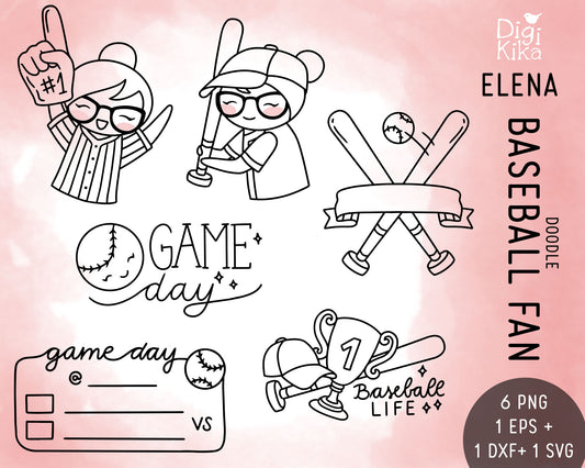 Elena Planner Girl – Baseball Fan DOODLE Clipart Set – Team Spirit & Sports – PNG, SVG, EPS & DXF