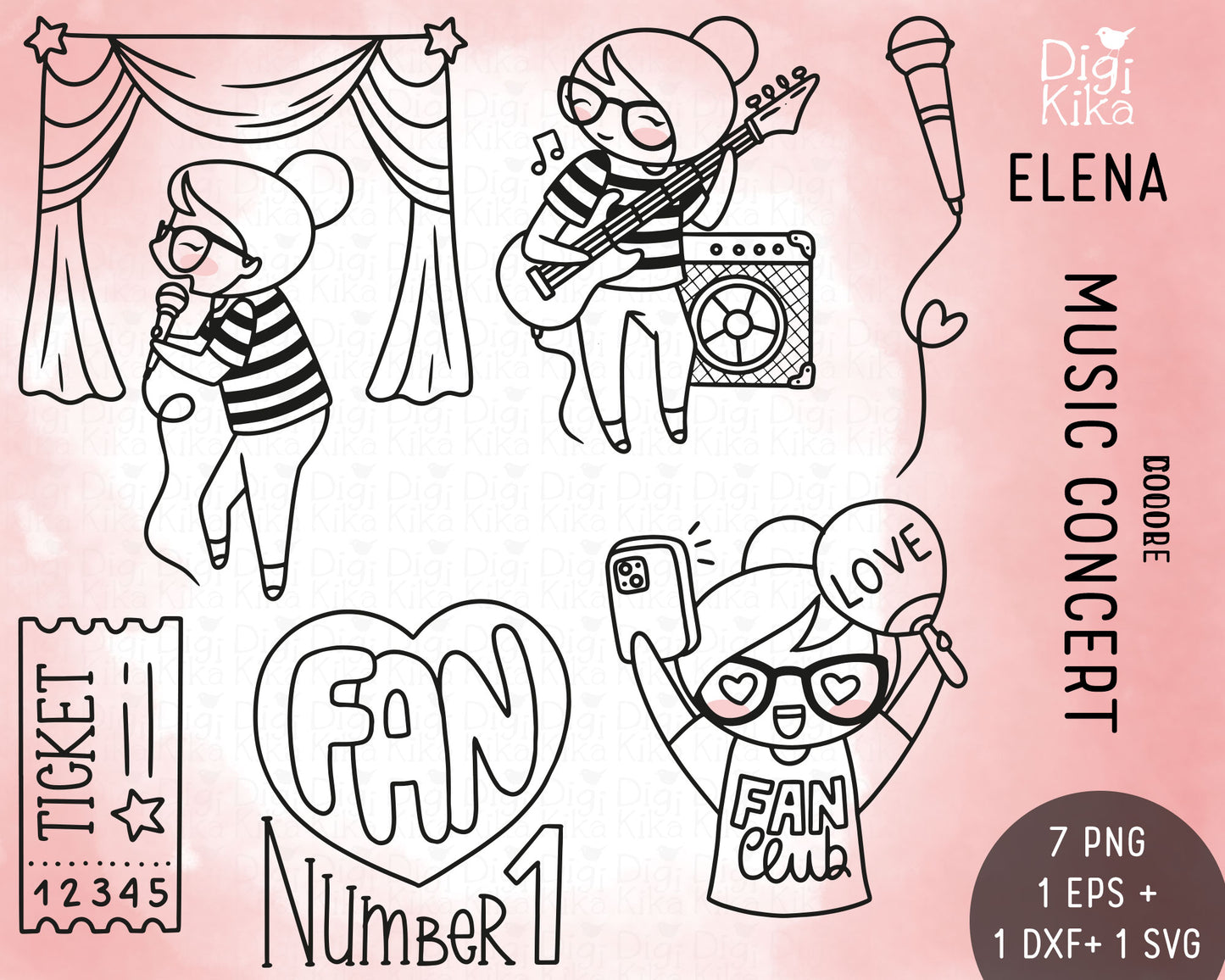 Elena Music Concert Outline Clipart | Singer Guitar Graphics | Commercial Use | EPS SVG DXF PNG