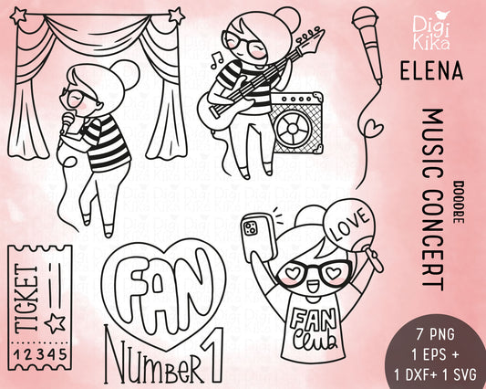 Elena Music Concert Outline Clipart | Singer Guitar Graphics | Commercial Use | EPS SVG DXF PNG