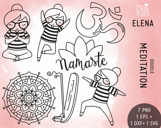 Elena Meditation Outline Clipart | Zen Mindfulness Graphics | Commercial Use | EPS SVG DXF PNG