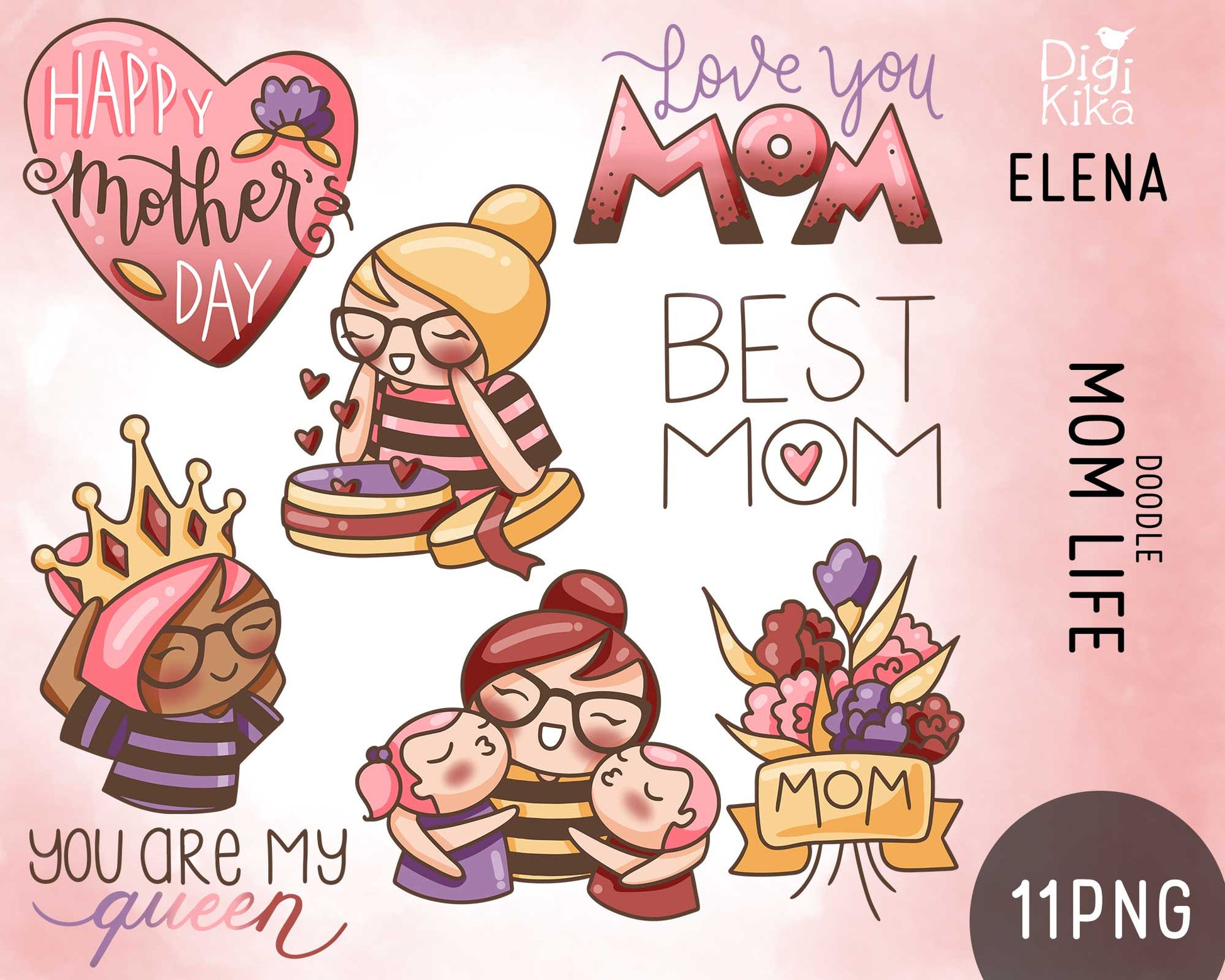 Cartoon illustrations of a mother and child with decorative elements on a pink background, featuring text for Mother's Day.