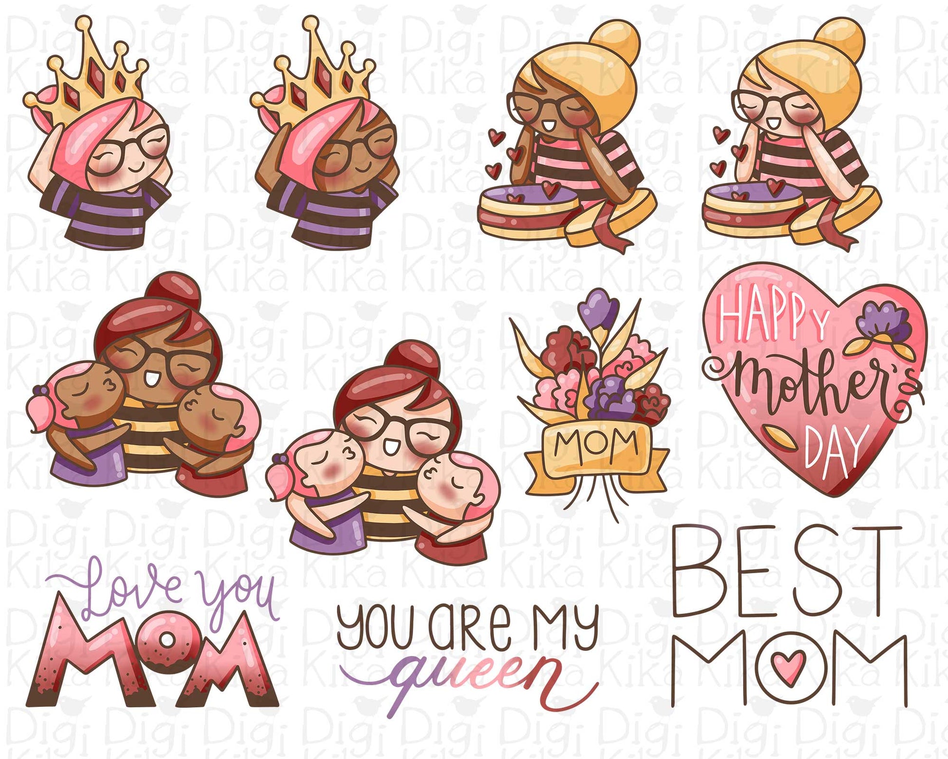 Collection of Mother's Day-themed illustrations with text and graphics.