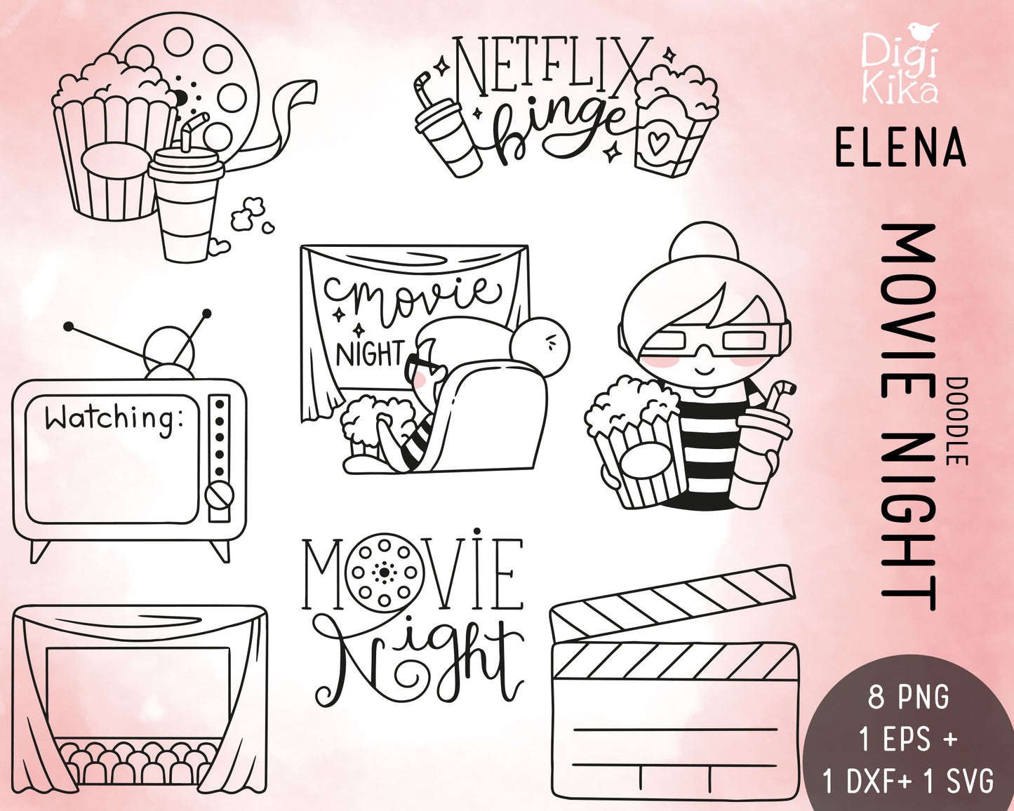 Elena Planner Girl – Movie Night DOODLE Clipart Set – Cozy Popcorn & Film Theme – PNG, SVG, EPS & DXF