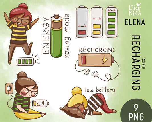 Recharging Clipart Set – Elena the Planner Girl – Low Battery Color Illustrations