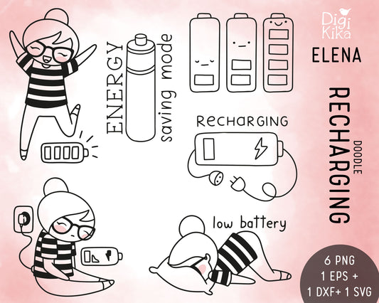 Recharging Clipart Set – Elena the Planner Girl – Low Battery Stamp Illustrations