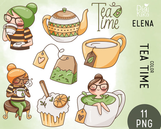 Tea Time Clipart Set – Elena the Planner Girl – Cozy Color Illustrations