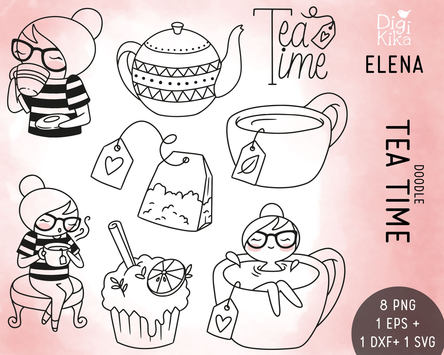 Tea Time Clipart Set – Elena the Planner Girl – Cozy Stamp Illustrations