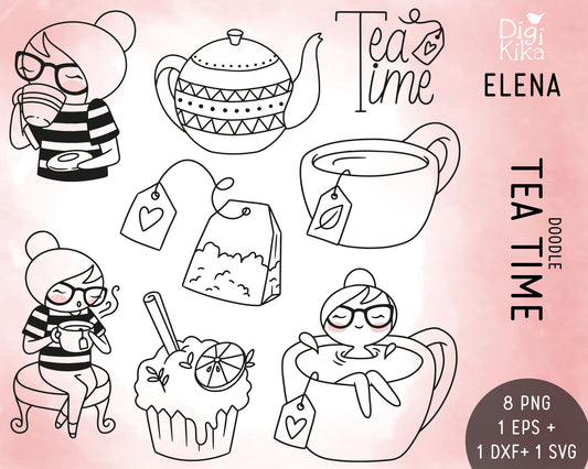 Tea Time Clipart Set – Elena the Planner Girl – Cozy Stamp Illustrations