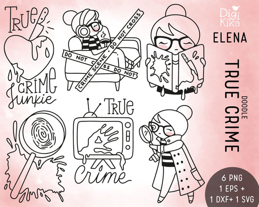 True Crime Clipart Set – Elena the Planner Girl – Detective Stamp Illustrations