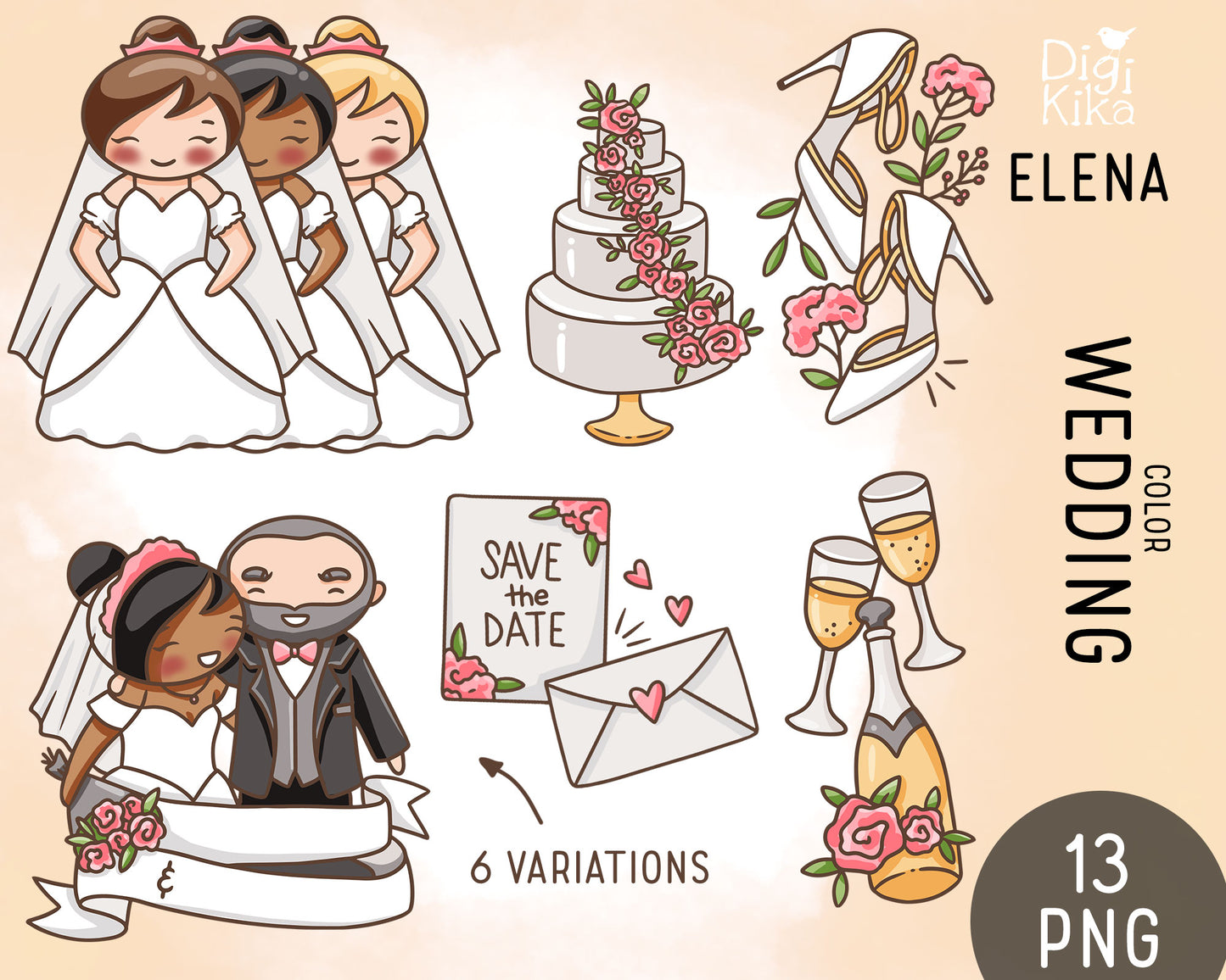 Elena's Wedding – COLOR Clipart Set – Transparent PNG - Instant Download