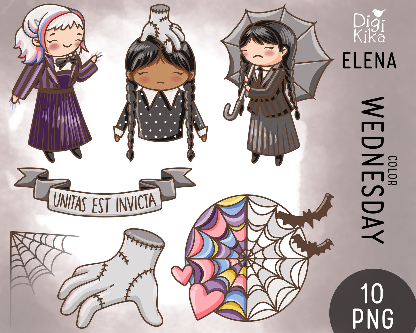 Wednesday TV Show Fan Art Clipart – 2 Skin Tones Color Edition (Elena Style)