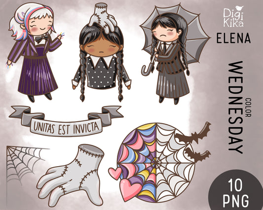 Wednesday TV Show Fan Art Clipart – 2 Skin Tones Color Edition (Elena Style)