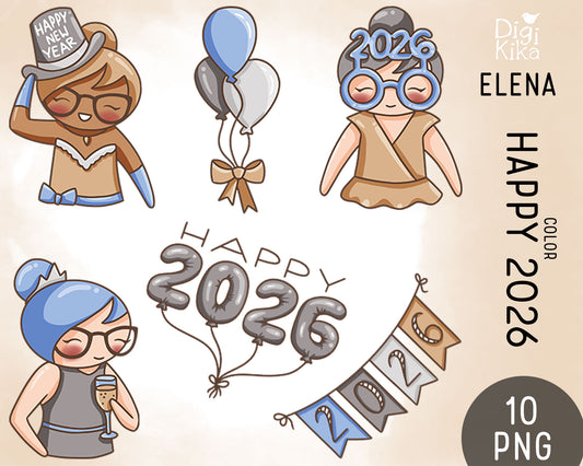 Elena Happy 2026 – COLOR Clipart Set – Transparent PNG - Instant Download