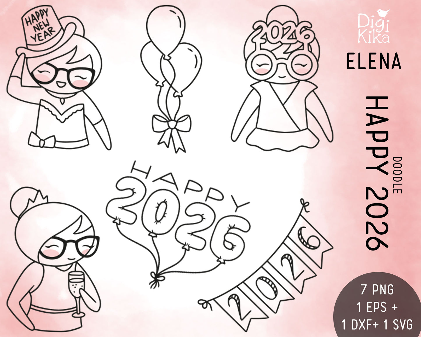Elena Happy 2026 – DOODLE Clipart Set – PNG, SVG, EPS & DXF