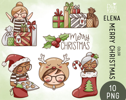 Elena Merry Christmas – COLOR (2 Skin) Clipart Set – Transparent PNG