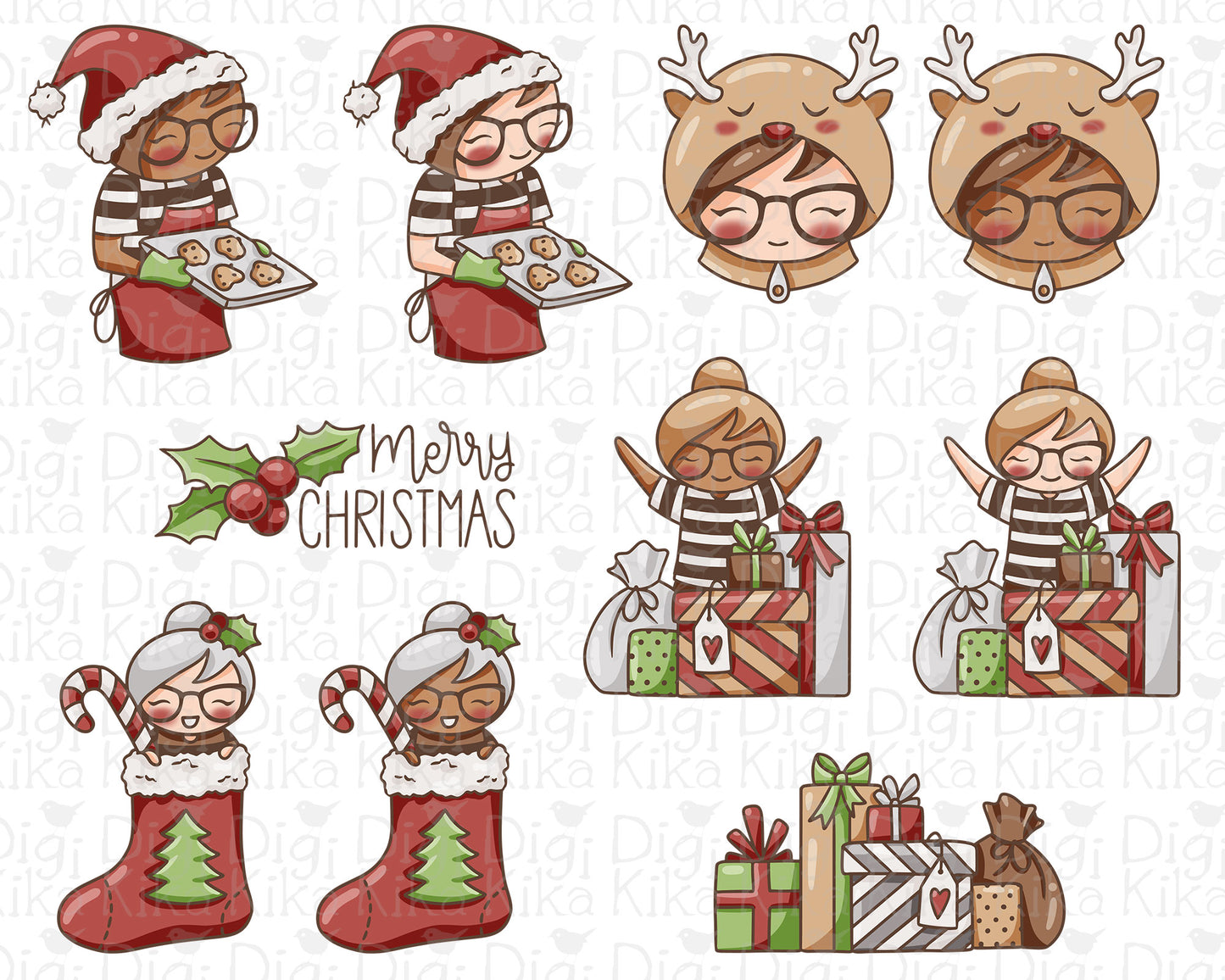 Elena Merry Christmas – COLOR (2 Skin) Clipart Set – Transparent PNG