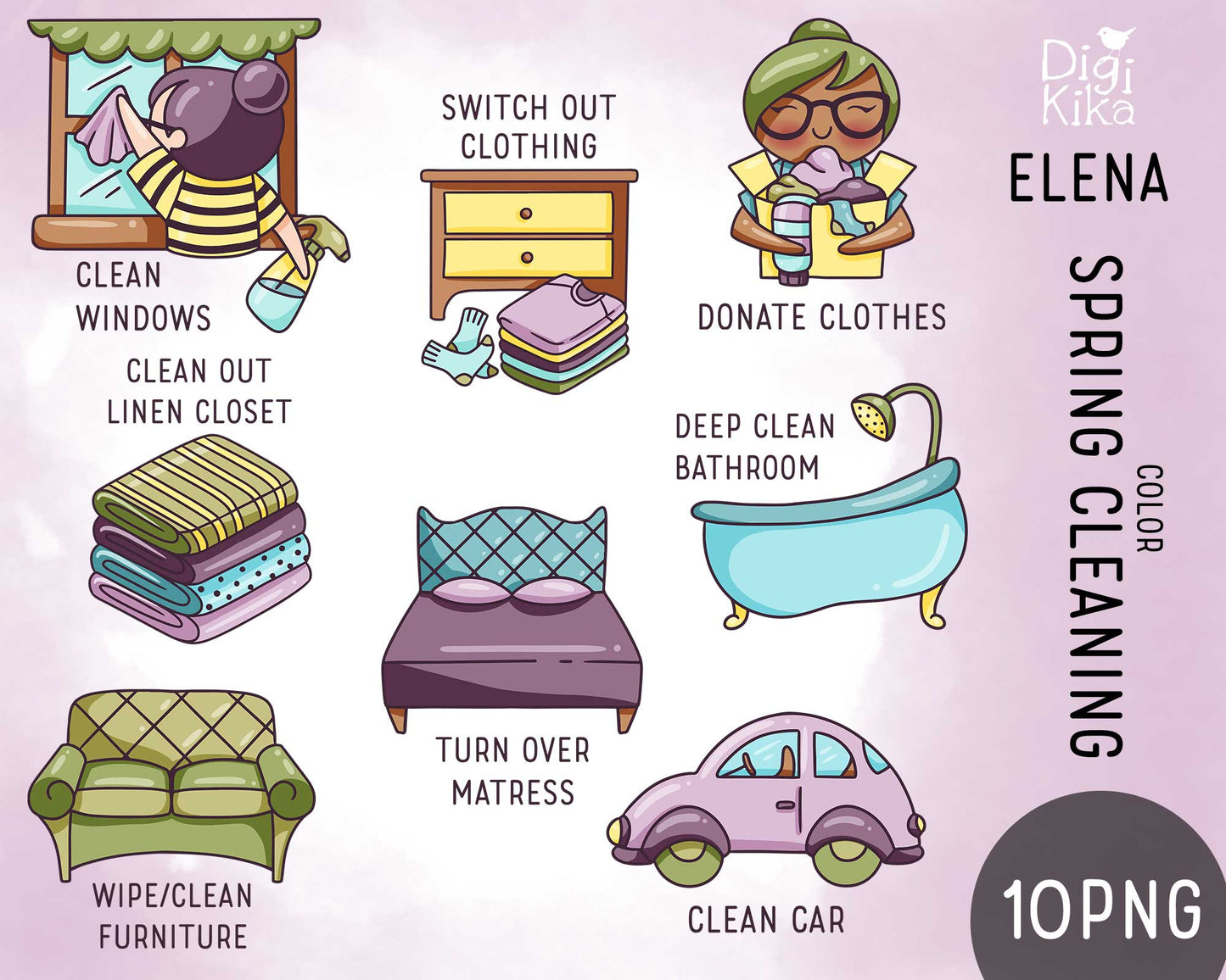 Elena Spring Cleaning – Color (2 skin variations) Clipart Set (EPS, SVG, DXF, PNG)