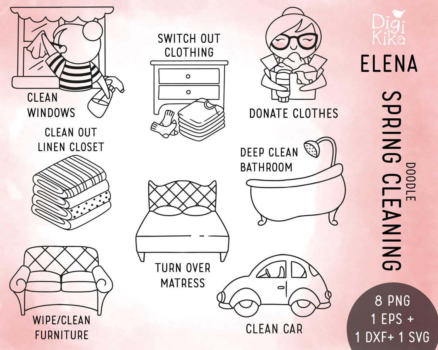 Elena Spring Cleaning – Doodle Stamp Clipart Set (EPS, SVG, DXF, PNG)
