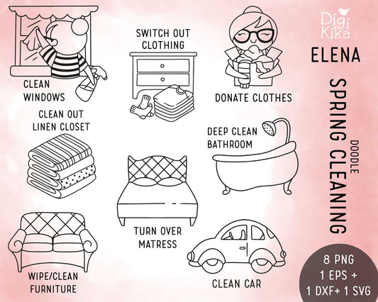 Elena Spring Cleaning – Doodle Stamp Clipart Set (EPS, SVG, DXF, PNG)