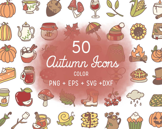 50 Fall Icons COLOR Bundle - EPS, SVG, DXF, PNG Clipart - Instant Download