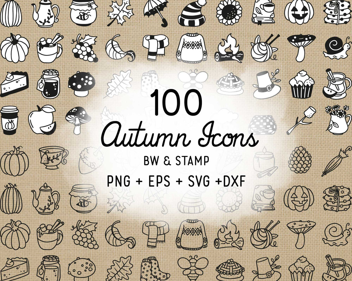 50 Fall Icons STAMP Bundle - EPS, SVG, DXF, PNG Clipart - Instant Down ...