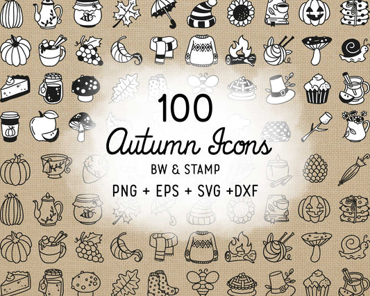 50 Fall Icons STAMP Bundle - EPS, SVG, DXF, PNG Clipart - Instant Download