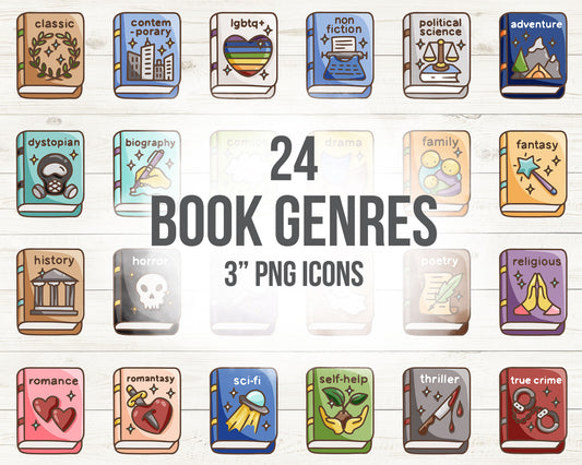24 Book Genre Icons COLOR ClipArt | Digital Reading Planner Graphics | Transparent PNG Instant Download
