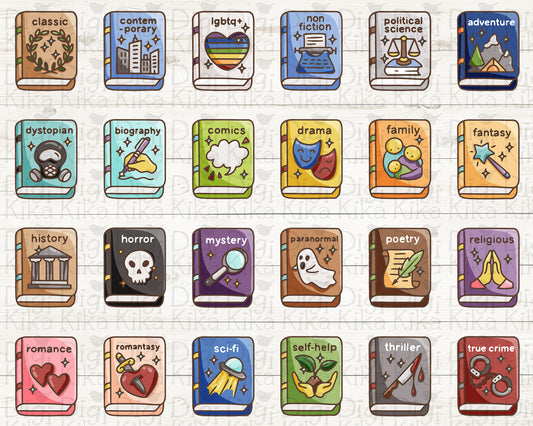 24 Book Genre Icons COLOR ClipArt | Digital Reading Planner Graphics | Transparent PNG Instant Download