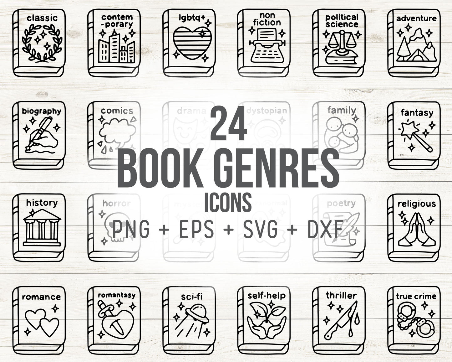 24 Book Genre Icons DOODLE ClipArt | Digital Reading Planner Graphics | EPS, SVG, DXF, PNG Instant Download