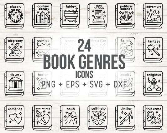24 Book Genre Icons DOODLE ClipArt | Digital Reading Planner Graphics | EPS, SVG, DXF, PNG Instant Download