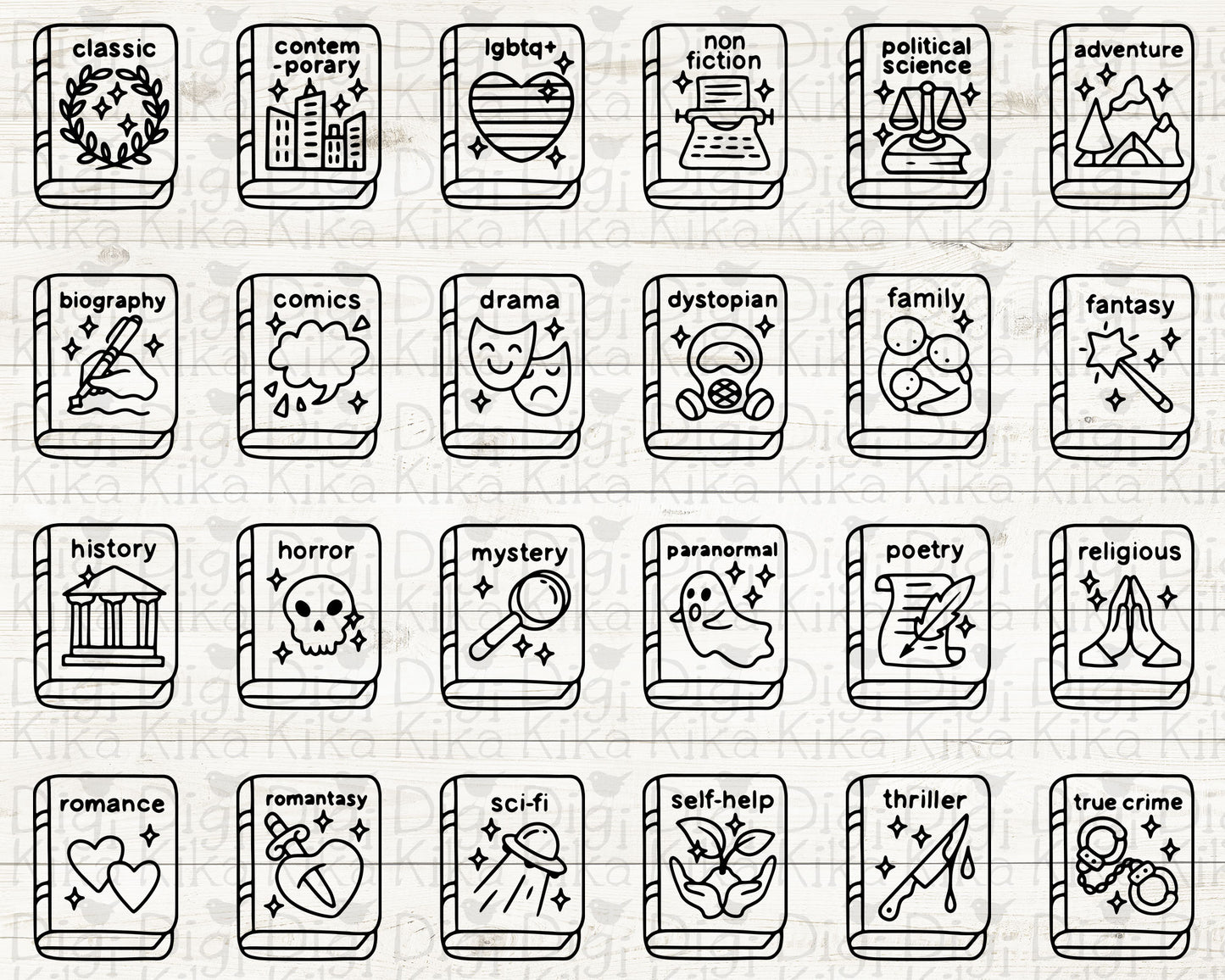 24 Book Genre Icons DOODLE ClipArt | Digital Reading Planner Graphics | EPS, SVG, DXF, PNG Instant Download