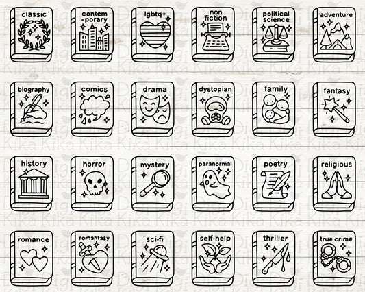 24 Book Genre Icons DOODLE ClipArt | Digital Reading Planner Graphics | EPS, SVG, DXF, PNG Instant Download