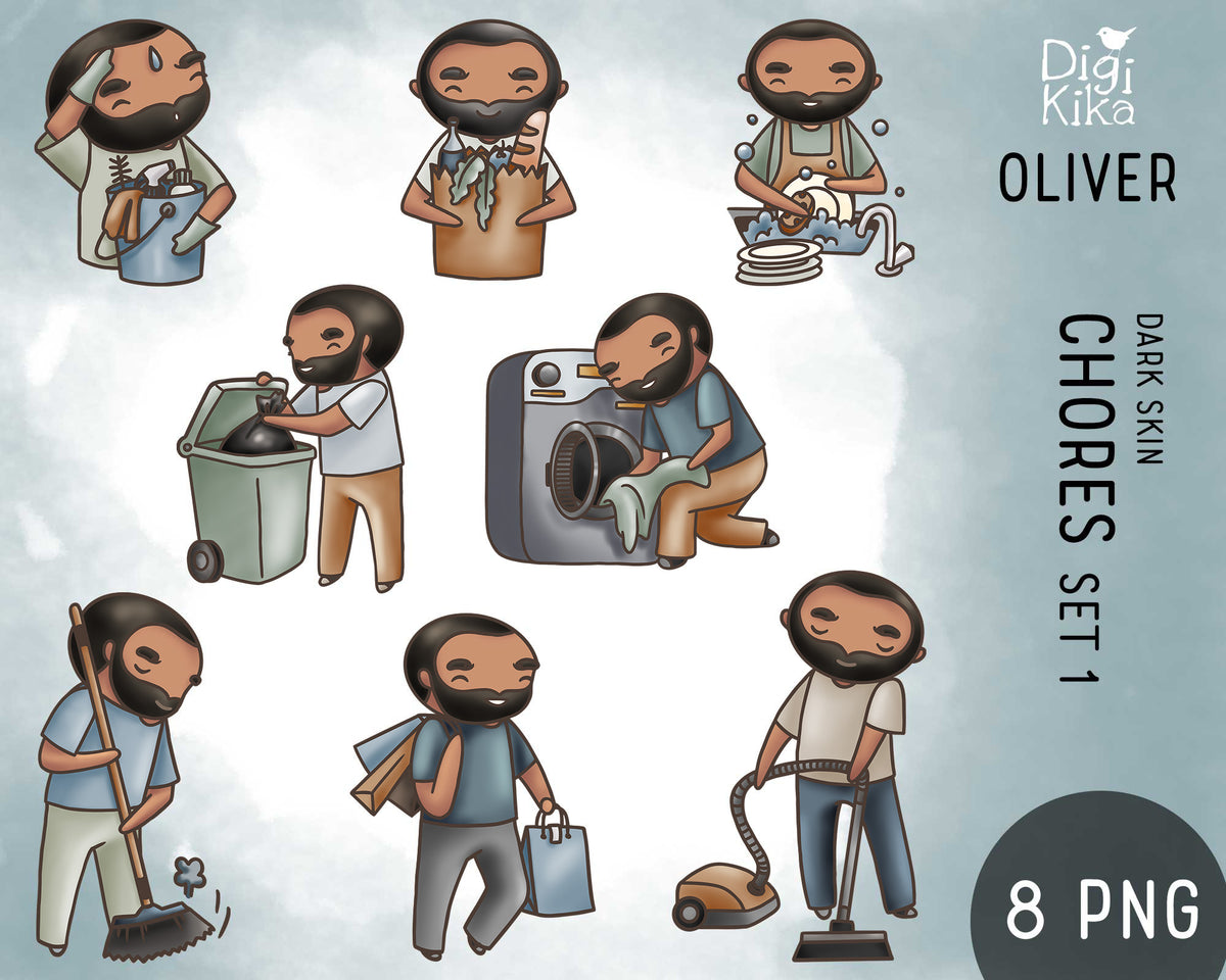Oliver Chores Dark Skin Color Clipart SET 1 | PNG Only | Commercial Use