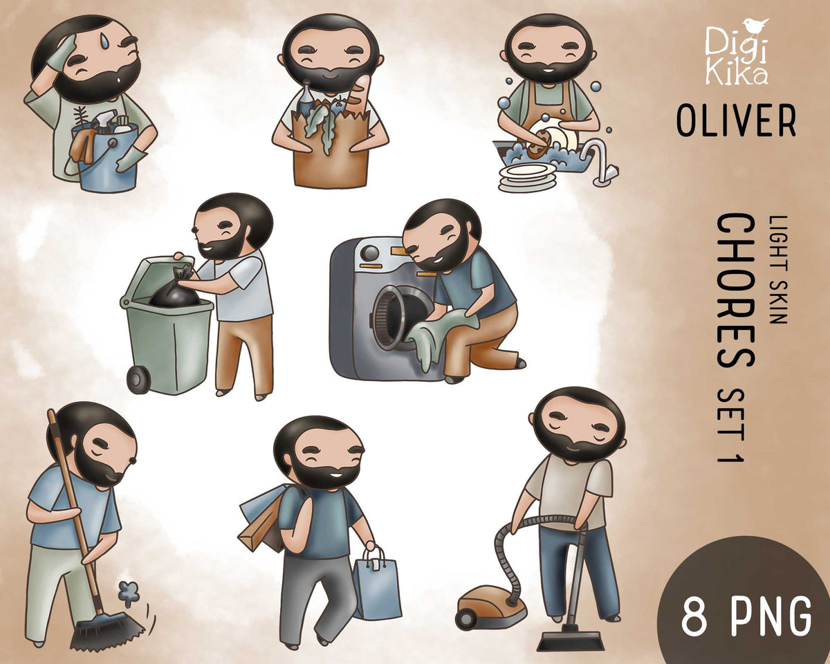 Oliver Chores Light Skin Color Clipart SET 1 | PNG Only | Commercial Use
