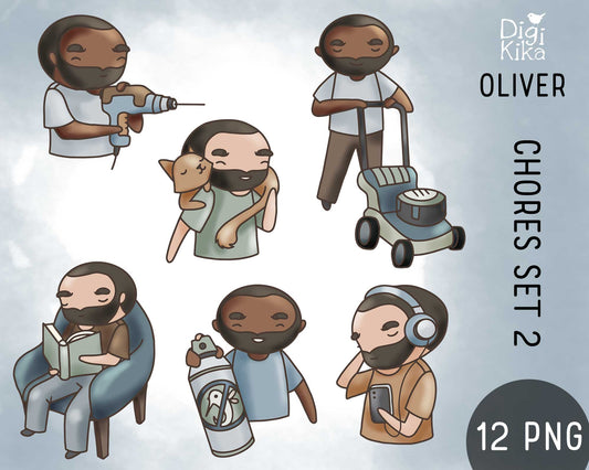 Oliver Chores Set 2 Color Clipart | 2 Skin Tones | PNG Only | Commercial Use