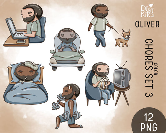 Oliver Chores Set 3 Color Clipart | 2 Skin Tones | PNG Only | Commercial Use