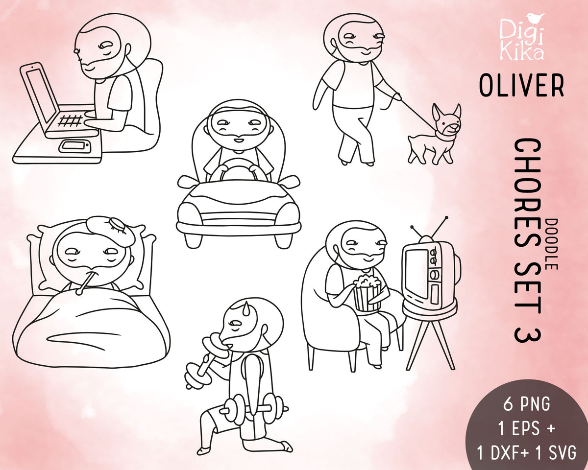 Oliver Chores Set 3 Outline Clipart | Hand Drawn | EPS SVG DXF PNG
