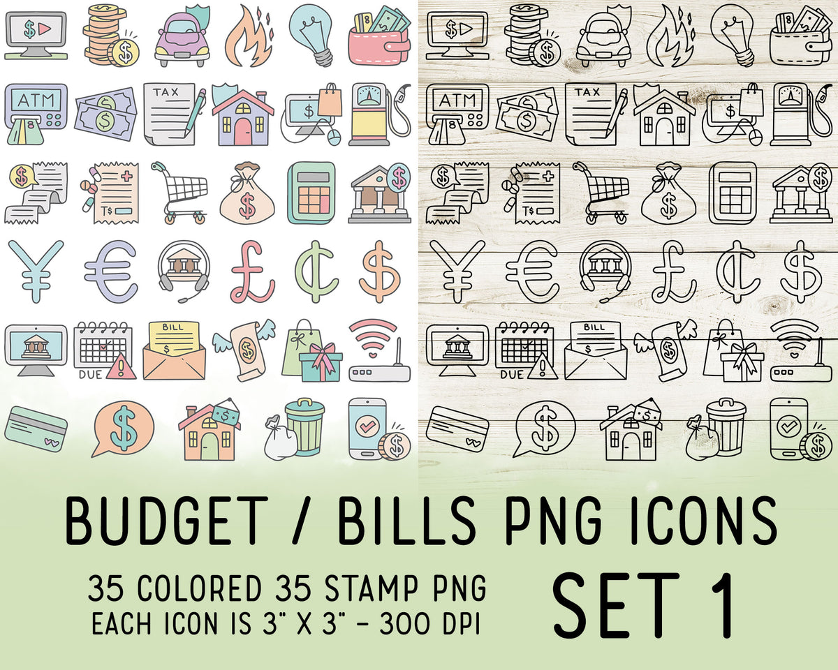 70 Pay Bills Budget Icons PNG Set 1 | Doodle & Color | Commercial