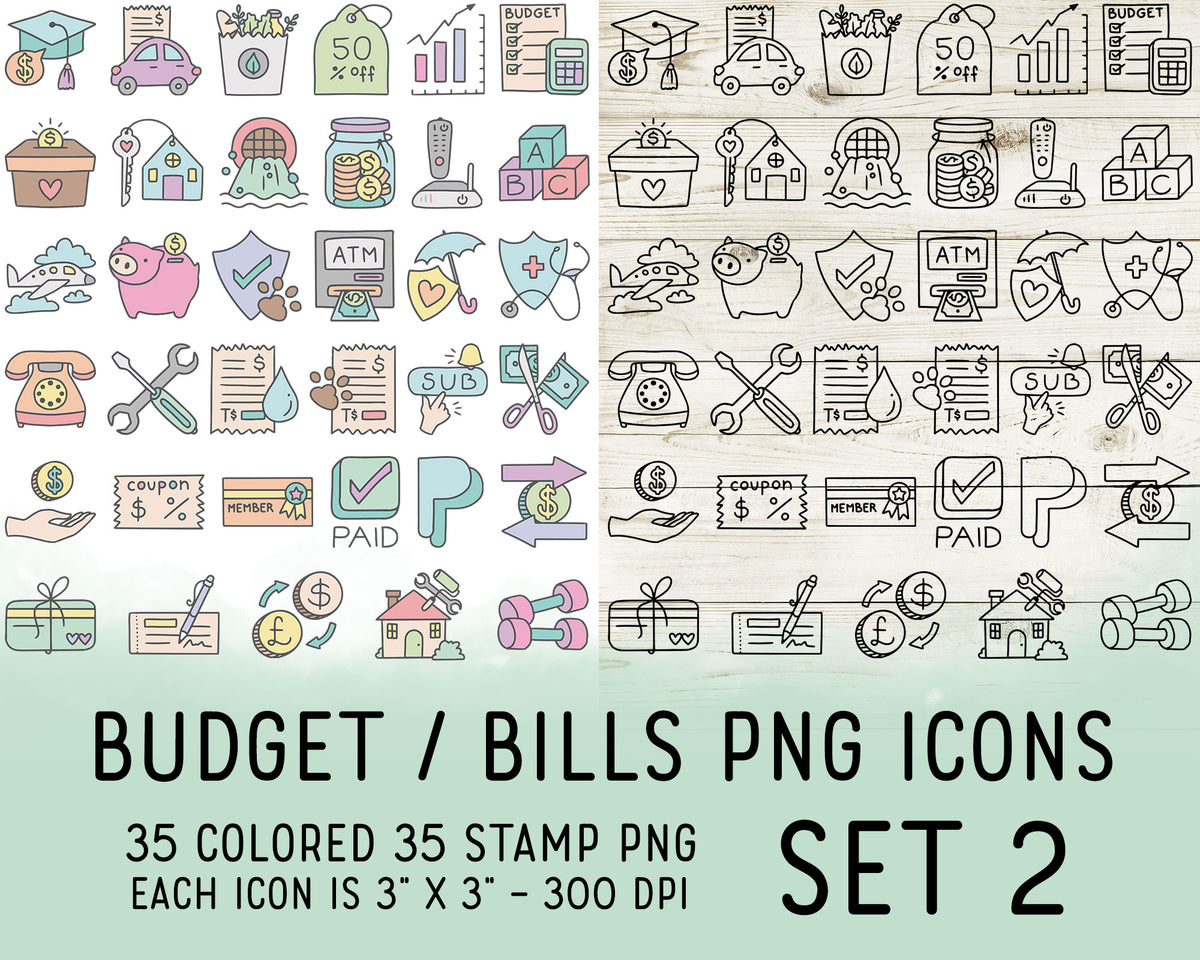 70 Pay Bills Budget Icons PNG Set 2 | Doodle & Color | Commercial