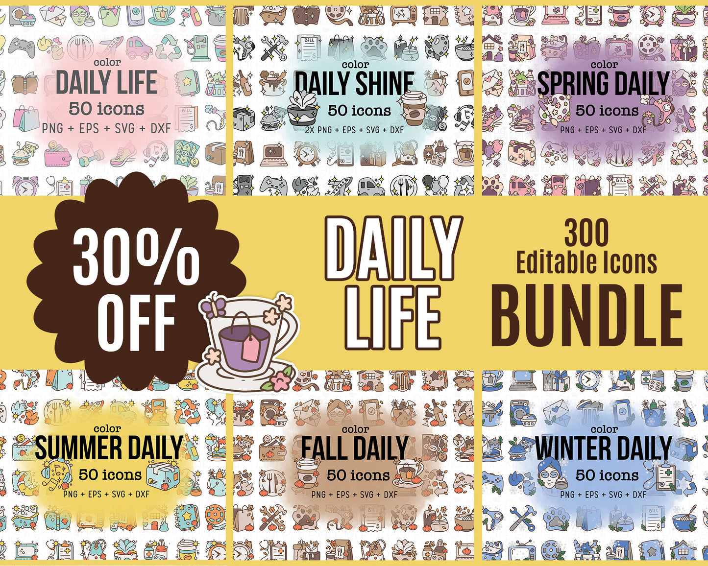Daily Icons COLOR Mega Bundle – 6 Seasonal & Themed Clipart Sets - Editable Graphics